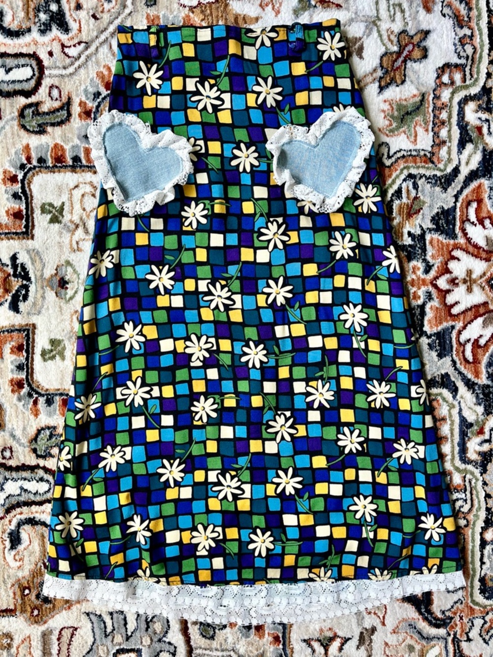 Vintage Daisy Maxi Skirt Upcycled Denim Hearts + Lace Multicolored Girls Size 10